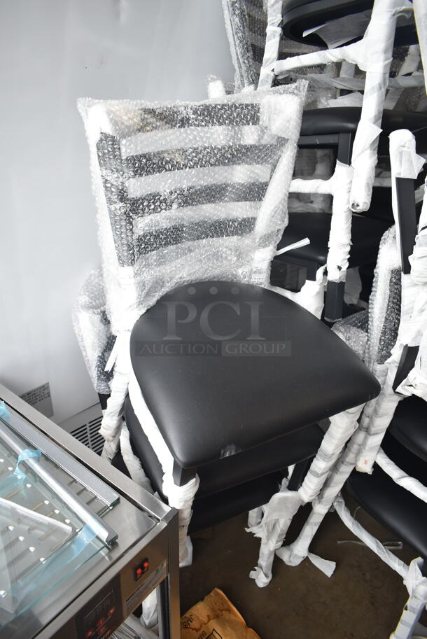 33 BRAND NEW SCRATCH AND DENT! Lancaster Table & Seating 164CMTLADFR  Black Finish Ladder Back Chair with 2 1/2" Black Vinyl Padded Seat. 33 Times Your Bid!  - Image 7 of 8
