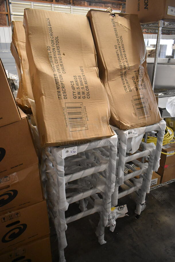 16 BRAND NEW SCRATCH AND DENT! Lancaster Table & Seating 164CMTLADFR  Black Finish Ladder Back Chair Frames with 4 Boxes of 4 164CUSHMTLRD Red 2 1/2" Black Vinyl Padded Seat. 16 Times Your Bid!  - Image 2 of 7