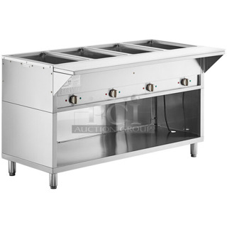 
BRAND NEW SCRATCH AND DENT! 2023 ServIt 423EST4WOPBH Stainless Steel Four Pan Open Well Electric Steam Table with Partially Enclosed Base. 208/240 Volts, 1 Phase.