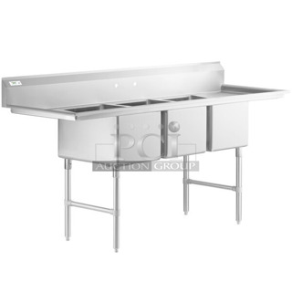 BRAND NEW SCRATCH AND DENT! Regency 600S31824224 Stainless Steel Commercial 3 Bay Sink w/ Dual Drain Boards. No Legs. Bays 18x23x14. Drain Boards 22.5x25.5.