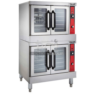 2 BRAND NEW SCRATCH AND DENT! Vulcan VC4ED Stainless Steel Commercial Electric Powered Full Size Convection Oven w/ View Through Doors, Metal Oven Racks and Thermostatic Controls. Does Not Come w/ Legs. 240 Volts, 1/3 Phase. 2 Times Your Bid! 
