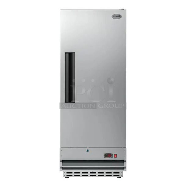 BRAND NEW SCRATCH AND DENT! 2023 KoolMore RIR-1D-SS12C Stainless Steel Commercial Single Door Reach In Cooler w/ Poly Coated Racks. 115 Volts, 1 Phase. Tested and Working! - Image 1 of 7