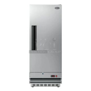 BRAND NEW SCRATCH AND DENT! 2023 KoolMore RIR-1D-SS12C Stainless Steel Commercial Single Door Reach In Cooler w/ Poly Coated Racks. 115 Volts, 1 Phase. Tested and Working!