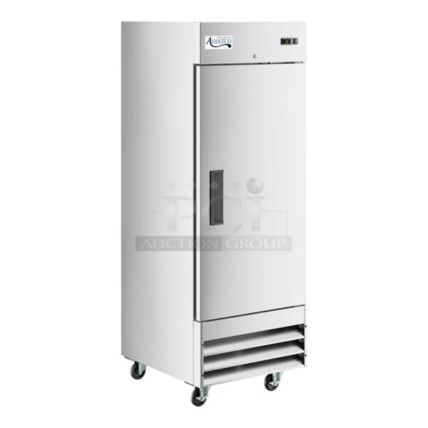 BRAND NEW SCRATCH AND DENT! 2024 Avantco 178A23FHC Stainless Steel Commercial Single Door Reach In Freezer w/ Poly Coated Racks on Commercial Casters. 115 Volts, 1 Phase. Tested and Working! - Image 1 of 7