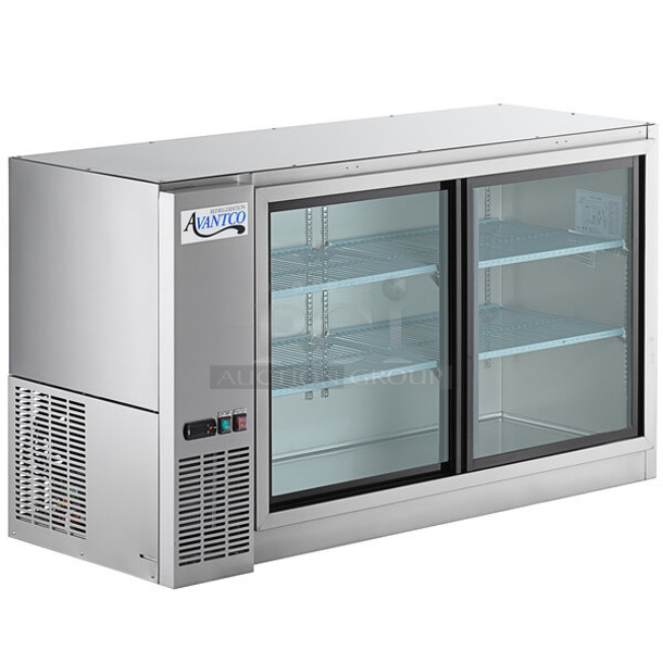 BRAND NEW SCRATCH AND DENT! 2024 Avantco 178UBB60SGTS 60" Stainless Steel Underbar Height Narrow Sliding Glass Door Back Bar Refrigerator with Galvanized Top and LED Lighting. 115 Volts, 1 Phase. Tested and Working! - Image 1 of 6