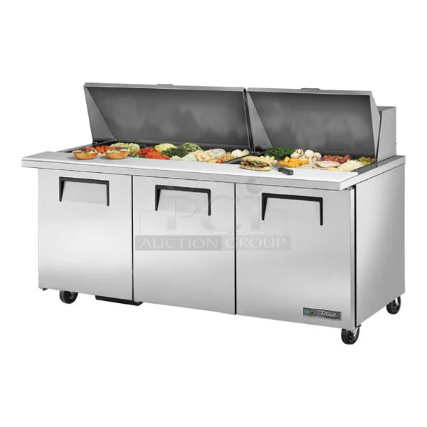 BRAND NEW SCRATCH AND DENT! 2024 True TSSU-72-30M-B-ST-HC Stainless Steel Commercial Sandwich Salad Prep Table Bain Marie Mega Top on Commercial Casters. 115 Volts, 1 Phase. Tested and Working! - Image 1 of 10