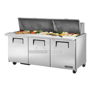 BRAND NEW SCRATCH AND DENT! 2024 True TSSU-72-30M-B-ST-HC Stainless Steel Commercial Sandwich Salad Prep Table Bain Marie Mega Top on Commercial Casters. 115 Volts, 1 Phase. Tested and Working!
