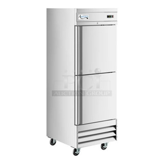BRAND NEW SCRATCH AND DENT! 2023 Avantco 178SS1F2HC Stainless Steel Commercial 2 Half Size Door Reach In Freezer w/ Poly Coated Racks on Commercial Casters. 115 Volts, 1 Phase. Tested and Working!