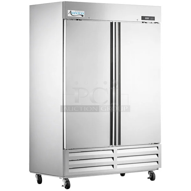 BRAND NEW SCRATCH AND DENT! 2023 Avantco 447AP49F Stainless Steel Commercial 2 Door Reach In Freezer w/ Poly Coated Racks. 115 Volts, 1 Phase. Tested and Working! - Image 1 of 7