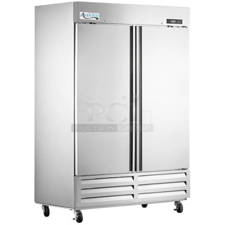 BRAND NEW SCRATCH AND DENT! 2023 Avantco 447AP49F Stainless Steel Commercial 2 Door Reach In Freezer w/ Poly Coated Racks. 115 Volts, 1 Phase. Tested and Working!