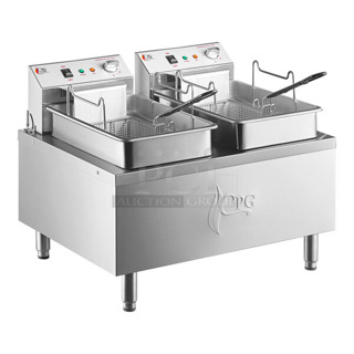 BRAND NEW SCRATCH AND DENT! 2023 Cooking Performance Group CPG 351EF302 Stainless Steel Electric Powered 30 lb. Dual Tank Heavy-Duty Countertop Fryer w/ 2 Metal Fry Baskets. 208-240 Voltas, 1 Phase. 