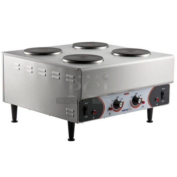 BRAND NEW SCRATCH AND DENT! 2024 Nemco 6311-4-240 Stainless Steel Electric Countertop Raised Hot Plate with 4 Solid Burners. 240 Volts, 1 Phase.  - Image 1 of 6