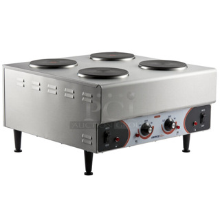 BRAND NEW SCRATCH AND DENT! 2024 Nemco 6311-4-240 Stainless Steel Electric Countertop Raised Hot Plate with 4 Solid Burners. 240 Volts, 1 Phase. 