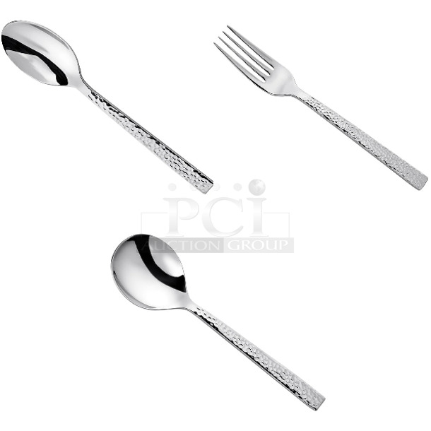 BRAND NEW SCRATCH AND DENT! Box of 356B327STSF Oneida Chef's Table Hammered by 1880 Hospitality B327STSF 6 1/4" 18/0 Stainless Steel Extra Heavy Weight Teaspoon - 12/Case, 356B327FDEF Oneida Chef's Table Hammered by 1880 Hospitality B327FDEF 7 1/8" 18/0 Stainless Steel Extra Heavy Weight Dessert / Salad Fork - 12/Case, 356B327SBLF Oneida Chef's Table Hammered by 1880 Hospitality B327SBLF 6 1/4" 18/0 Stainless Steel Extra Heavy Weight Bouillon Spoon - 12/Case - Image 1 of 3
