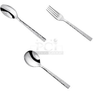 BRAND NEW SCRATCH AND DENT! Box of 356B327STSF Oneida Chef's Table Hammered by 1880 Hospitality B327STSF 6 1/4" 18/0 Stainless Steel Extra Heavy Weight Teaspoon - 12/Case, 356B327FDEF Oneida Chef's Table Hammered by 1880 Hospitality B327FDEF 7 1/8" 18/0 Stainless Steel Extra Heavy Weight Dessert / Salad Fork - 12/Case, 356B327SBLF Oneida Chef's Table Hammered by 1880 Hospitality B327SBLF 6 1/4" 18/0 Stainless Steel Extra Heavy Weight Bouillon Spoon - 12/Case