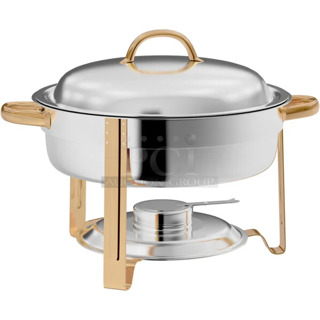 4 BRAND NEW SCRATCH AND DENT! Choice 90046326 Deluxe 4 Qt. Round Gold Accent Chafer. 4 Times Your Bid! 