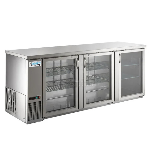 BRAND NEW SCRATCH AND DENT! 2024 Avantco 178UBB4GHCS 90" Stainless Steel Counter Height Glass Door Back Bar Refrigerator with LED Lighting. 115 Volts, 1 Phase. Tested and Working!  - Image 1 of 6