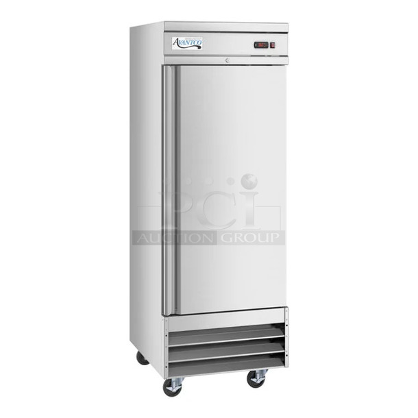 BRAND NEW SCRATCH AND DENT! 2023 Avantco 178SS1RHC Stainless Steel Commercial Single Door Reach In Cooler w/ Poly Coated Racks on Commercial Casters. 110-120 Volts, 1 Phase. Tested and Working! - Image 1 of 7