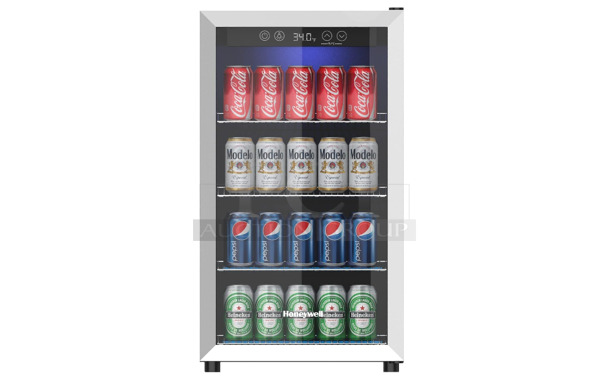 BRAND NEW IN BOX! Honeywell H115BCS Beverage Refrigerator and Cooler, 115 Can Mini Fridge with Glass Door for Soda Beer or Wine for Office or Bar with Adjustable Removable Shelving. Tested and Working! - Image 1 of 4