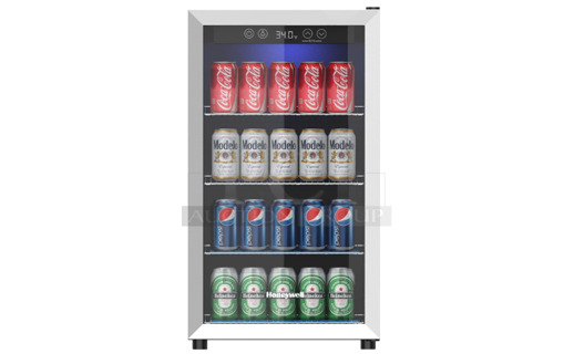 BRAND NEW IN BOX! Honeywell H115BCS Beverage Refrigerator and Cooler, 115 Can Mini Fridge with Glass Door for Soda Beer or Wine for Office or Bar with Adjustable Removable Shelving. Tested and Working!
