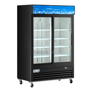 BRAND NEW SCRATCH AND DENT! Avantco 178GDC49HCB 53" Black Customizable Sliding Glass Door Merchandiser Refrigerator with LED Lighting and Poly Coated Racks on Commercial Casters. 115 Volts, 1 Phase. Tested and Working!