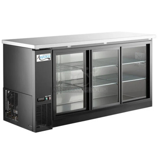 BRAND NEW SCRATCH AND DENT! 2024 Avantco 178UBB72SHC 73" Black Counter Height Narrow Sliding Glass Door Back Bar Refrigerator with LED Lighting. 115 Volts, 1 Phase. Tested and Working!