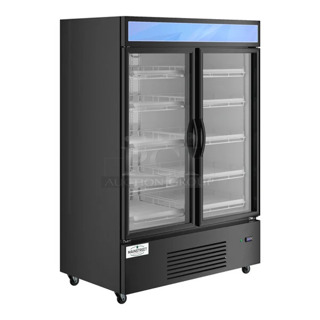 BRAND NEW SCRATCH AND DENT! Mainstreet 829GMC49B Metal Commercial 2 Door Reach In Cooler Merchandiser w/ Poly Coated Racks on Commercial Casters. 115 Volts, 1 Phase. Tested and Powers On But Does Not Get Cold