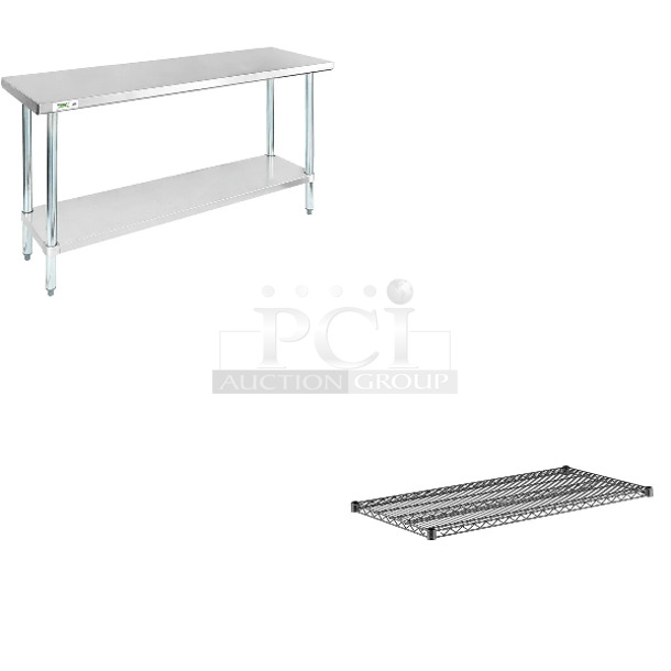 2 BRAND NEW SCRATCH AND DENT! Items Including Regency 600T1860G 18" x 60" 18-Gauge 304 Stainless Steel Commercial Work Table with Galvanized Legs and Undershelf and Regency 460EB2448 24" x 48" NSF Black Epoxy Wire Shelf. 2 Times Your Bid!  - Image 1 of 5