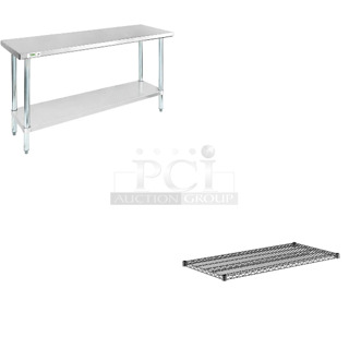 2 BRAND NEW SCRATCH AND DENT! Items Including Regency 600T1860G 18" x 60" 18-Gauge 304 Stainless Steel Commercial Work Table with Galvanized Legs and Undershelf and Regency 460EB2448 24" x 48" NSF Black Epoxy Wire Shelf. 2 Times Your Bid! 