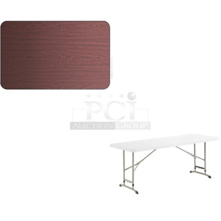 3 BRAND NEW SCRATCH AND DENT! Items Including Lancaster Table & Seating 3493048TCB 30" x 48" Laminated Rectangular Table Top Reversible Cherry / Black and 2 Lancaster Table & Seating 384YCZ7230AD 30" x 72" Granite White Heavy-Duty Blow Molded 27 1/2"-39" Adjustable Height Plastic Folding Table. 3 Times Your Bid! May Be Missing Pieces. 