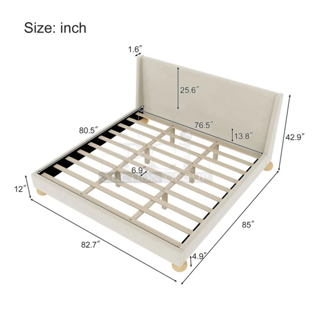 BRAND NEW IN BOX! ZNTS Modern Velvet Upholstered Platform Bed with Wingback Headboard and Round Wooden Legs, Cream,King WF531853AAC - Image 1 of 3