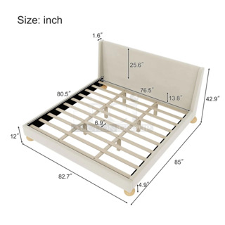 BRAND NEW IN BOX! ZNTS Modern Velvet Upholstered Platform Bed with Wingback Headboard and Round Wooden Legs, Cream,King WF531853AAC