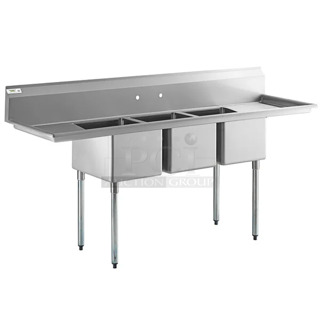 BRAND NEW SCRATCH AND DENT! Regency 600S31620218 88" 16 Gauge Stainless Steel Three Compartment Commercial Sink with Galvanized Steel Legs and 2 Drainboards - 16" x 20" x 12" Bowls. No Legs. 