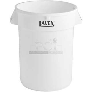 6 BRAND NEW SCRATCH AND DENT! Lavex 475TCRND55WH 55 Gallon White Round Commercial Trash Can. 6 Times Your Bid!