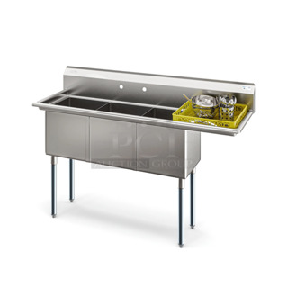 BRAND NEW SCRATCH AND DENT! KoolMore KM-SC151514-15R3 63 in. Three Compartment Commercial Sink, Bowl Size 15x15x14, 18-Gauge Stainless-Steel with Right Drainboard