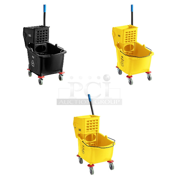 3 BRAND NEW SCRATCH AND DENT! Items Including Lavex 274MOPBCKTBK 35 Qt. Black Mop Bucket & Side Press Wringer Combo, Lavex 274MOPBCKTYE 35 Qt. Yellow Mop Bucket & Side Press Wringer Combo, Lavex 274MBCKT26YL 26 Qt. Yellow Mop Bucket and Side Press Wringer Combo. 3 Times Your Bid!  - Image 1 of 5