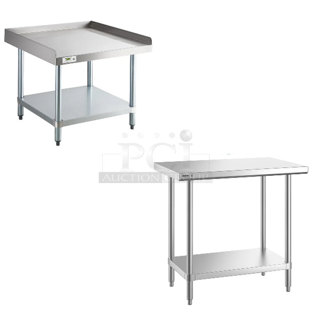 2 BRAND NEW Items Including Regency 600ES3030G 30" x 30" 16-Gauge Stainless Steel Equipment Stand with Galvanized Undershelf and Regency 600TSS2436S Spec Line 24" x 36" 14 Gauge Stainless Steel Commercial Work Table with Undershelf. 2 Times Your Bid!  - Image 1 of 5