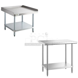 2 BRAND NEW Items Including Regency 600ES3030G 30" x 30" 16-Gauge Stainless Steel Equipment Stand with Galvanized Undershelf and Regency 600TSS2436S Spec Line 24" x 36" 14 Gauge Stainless Steel Commercial Work Table with Undershelf. 2 Times Your Bid! 