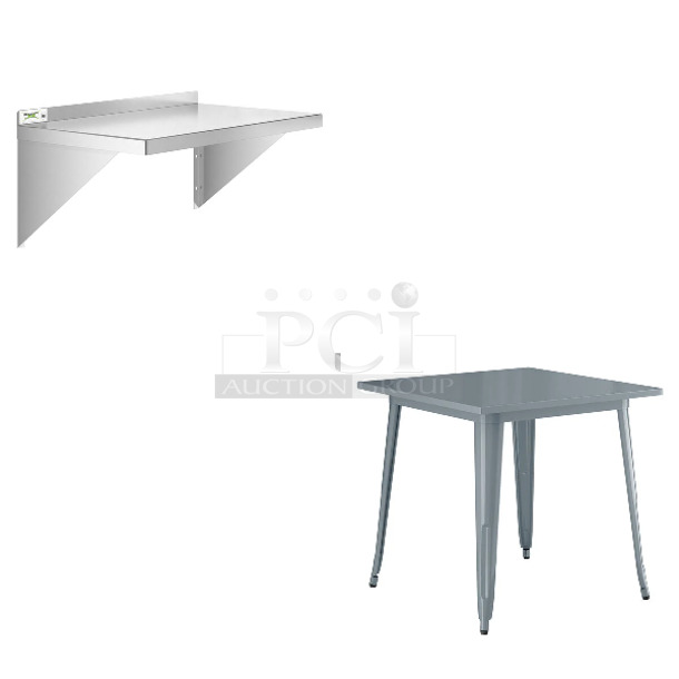 2 BRAND NEW Items Including Regency 600WS1830HD 18" x 30" 16 Gauge Stainless Steel Heavy-Duty Solid Wall Shelf and Lancaster Table & Seating 164DA3232CHR  Alloy Series 32" x 32" Charcoal Standard Height Outdoor Table. 2 Times Your Bid!  - Image 1 of 5