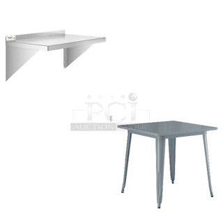 2 BRAND NEW Items Including Regency 600WS1830HD 18" x 30" 16 Gauge Stainless Steel Heavy-Duty Solid Wall Shelf and Lancaster Table & Seating 164DA3232CHR  Alloy Series 32" x 32" Charcoal Standard Height Outdoor Table. 2 Times Your Bid! 