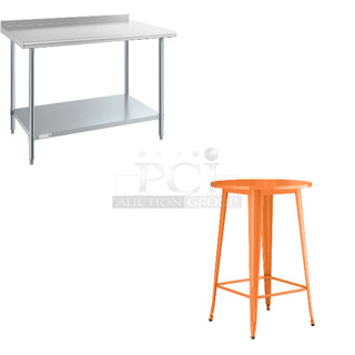 2 BRAND NEW Items Including Steelton 522ETSG30482 30" x 48" 18 Gauge 430 Stainless Steel Work Table with Undershelf and 2" Rear Upturn and Lancaster Table & Seating 164BA30RDORG Alloy Series 30" Round Amber Orange Bar Height Outdoor Table. 2 Times Your Bid!