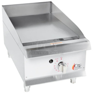 BRAND NEW SCRATCH AND DENT! 2023 Cooking Performance Group CPG 351GTCPG15NL 15" Gas Countertop Griddle with Flame Failure Protection and Thermostatic Controls. 30,000 BTU