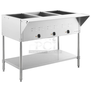 2024 Avantco 177STE3S Stainless Steel Three Pan Open Well Electric Steam Table with Undershelf. 120 Volts, 1 Phase. 