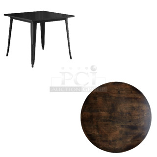 2 BRAND NEW SCRATCH AND DENT! Items Including Lancaster Table & Seating 34936RBBESP 36" Round Wood Butcher Block Table Top with Espresso Finish and Lancaster Table & Seating 164DA3636BLK Alloy Series 36" x 36" Onyx Black Standard Height Outdoor Table. 2 Times Your Bid! May Be Missing Pieces. 