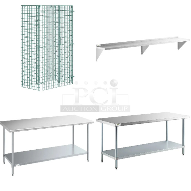 5 BRAND NEW SCRATCH AND DENT! Items Including 460EGSC2436 Regency NSF Green Wire Security Cage - 24" x 36" x 61", Regency 600T3072G 30" x 72" 18-Gauge 304 Stainless Steel Commercial Work Table with Galvanized Legs and Undershelf, 
Regency 600WS1896HD 16 Gauge Stainless Steel 18" x 96" Heavy Duty Wall Shelf, Steelton 522ETSG3072 30" x 72" 18 Gauge 430 Stainless Steel Work Table with Undershelf, 460EGSG2436 Regency NSF Green Wire Security Cage - 24" x 36" x 61". 5 Times Your Bid! May Be Missing Pieces.  - Image 1 of 9