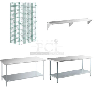 5 BRAND NEW SCRATCH AND DENT! Items Including 460EGSC2436 Regency NSF Green Wire Security Cage - 24" x 36" x 61", Regency 600T3072G 30" x 72" 18-Gauge 304 Stainless Steel Commercial Work Table with Galvanized Legs and Undershelf, 
Regency 600WS1896HD 16 Gauge Stainless Steel 18" x 96" Heavy Duty Wall Shelf, Steelton 522ETSG3072 30" x 72" 18 Gauge 430 Stainless Steel Work Table with Undershelf, 460EGSG2436 Regency NSF Green Wire Security Cage - 24" x 36" x 61". 5 Times Your Bid! May Be Missing Pieces. 