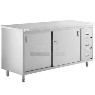 BRAND NEW SCRATCH AND DENT! Regency 600FBT2472R 24" x 72" 16 Gauge Type 304 Stainless Steel Enclosed Base Sliding Door Table with Drawers