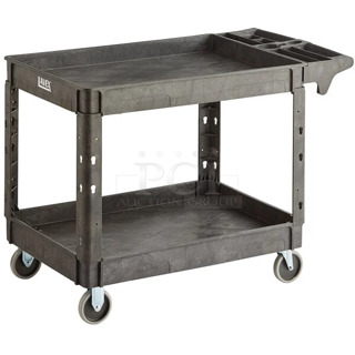 BRAND NEW IN BOX! Lavex 475UCLG2PHBK  Large Black 2-Shelf Utility Cart with Premium Handle and Built-In Tool Compartments - 46 3/4" x 25 1/2" x 33 1/2". May Be Missing Pieces. 