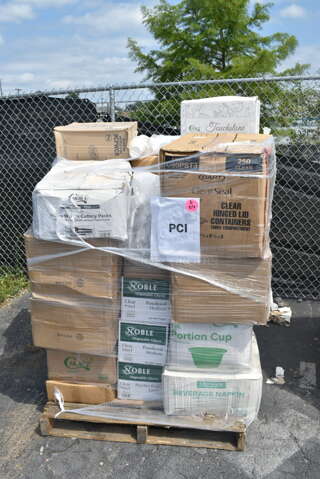 PALLET LOT of 33 BRAND NEW Boxes 395TO991 EcoChoice 9" x 9" x 3" Compostable Sugarcane / Bagasse 1 Compartment Take-Out Box - 200/Case, 2 Box 394360M Noble Products Powdered Disposable Vinyl Gloves for Foodservice - 1000/Case,  394360L Noble Products Powdered Disposable Vinyl Gloves for Foodservice - 1000/Case, 130BKFKSNSPH Choice Black Heavy Weight Wrapped Plastic Cutlery Pack with Napkin and Salt and Pepper Packets - 500/Case, 127P400 Choice 4 oz. Black Plastic Souffle Cup / Portion Cup - 2500/Case, 2 Box 5001BNAP Choice 1-Ply White Beverage / Cocktail Napkin - 4000/Case, 966TALLFLDB Choice White Tall-Fold 6" x 13" Dispenser Napkin - 8000/Case, Choice 9" Round Dome Take Out Lids, 5005DNAPFLTE Choice Touchstone 14" x 14" White Linen-Feel Flat-Packed Dinner Napkin, 395SP10 EcoChoice Compostable Sugarcane / Bagasse 10" x 10" Square Plate - 300/Case, 5013858 Lavex Li'l Herc 55-60 Gallon 1.2 Mil 38" x 58" Low Density Medium-Duty Black Trash Bag / Can Liner - 100/Case, 5008W Choice 8 oz. Tall White Poly Paper Hot Cup - 1000/Case, 2 Box 795PTOBK3 Choice 7 3/4" x 5 1/2" x 2 1/2" Black Microwavable Folded Paper #3 Take-Out Container - 200/Case, Dart 9CPWC Concorde 9" 3 Compartment White Non-Laminated Round Foam Plate, 485WB9NEONW Choice 9" Neon Extra Wide Pointed Wrapped Boba Straw - 1600/Case, 612DS3COMP Choice 8 1/2"x 6 3/8" 3-Compartment Oblong Foil Take-Out Container with Board Lid - 250/Case. 33 Times Your Bid!