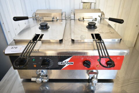 BRAND NEW SCRATCH AND DENT! 2023 Crosson EF-6V-2 Stainless Steel Commercial Countertop Electric Powered 2 Bay Fryer w/ 2 Metal Fry Baskets and 2 Lids. 120 Volts, 1 Phase.